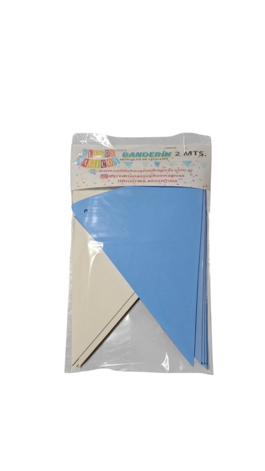 BANDERIN TRIANGULO GOMA EVA CELESTE/BLANCO 2 MTS